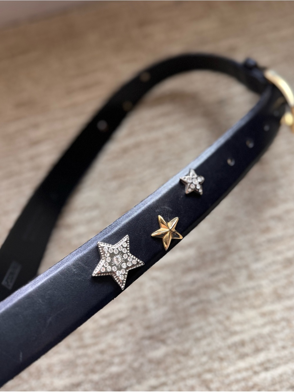 VTG Carlisle Black Leather Star Studded Belt S Gold Buckle Celestial 90’s Punk - Picture 12 of 16